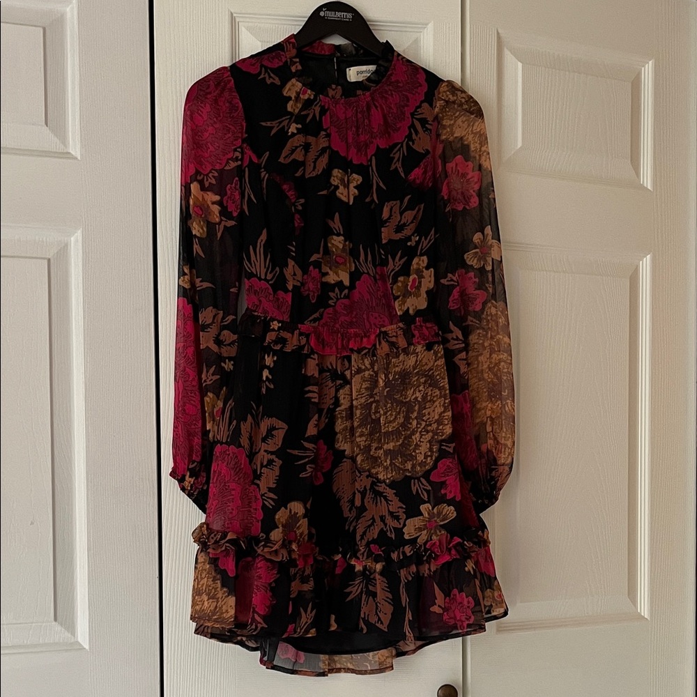 Chic Floral Long Sleeve Dress - Black, Pink, and Brown